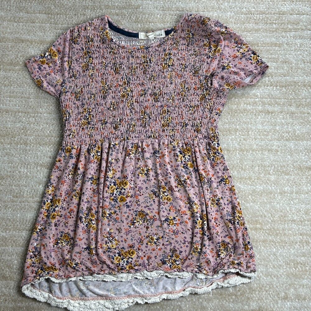 Rewind Womens Blouse Shirt S Pink Floral Smocked Lace Hem